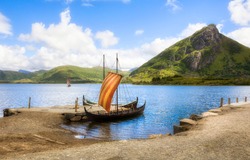 Viking Longships on Innerpollen Salty Lake in Lofoten, Norway