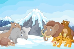 Collection of ice age animals with icebergs