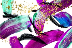 Very beautiful abstract art. Brush strokes on white background. Trendy color- Ultra Violet with golden glitters