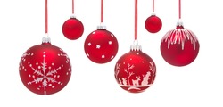 Row of Six hanging Christmas Baubles isolated on a white background