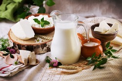 rustic dairy products still life with birch and clover