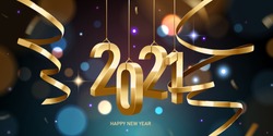 Happy New Year 2021. Hanging golden 3D numbers with ribbons and confetti on a defocused colorful, bokeh background.