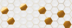 White and gold hexagon ceramic tiles. Modern seamless pattern, white and gold colored hexagon ceramic tiles. 