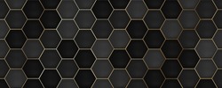 Black hexagon tiles with gold grout. Modern seamless pattern, dark colored hexagon ceramic tiles. 