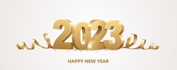 Happy New Year 2023. Golden 3D numbers with ribbons and confetti on a white background.