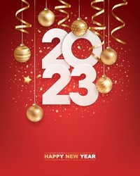 Happy new year 2023. White paper numbers with golden Christmas decoration and confetti on  red background. Holiday greeting card design.