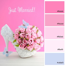 Wedding Planner Color Palette inspired by pink and white theme bridal shoes and bouquet. Designer pack with photograph and swatches with hex codes references.