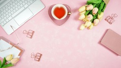 Feminine pink theme desktop workspace with mockups on stylish textured background. Top view blog hero header creative composition flat lay.