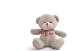 Grey bear doll siting on white background.