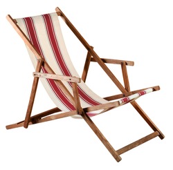 Folding wooden deckchair or beach chair with striped red and white canvas seat isolated on white