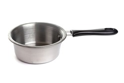 a small metal ladle for the kitchen with a plastic handle on a white isolated background