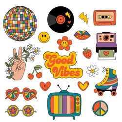 set of isolated retro 70s 90s groovy elements, cute hippy stickers. 