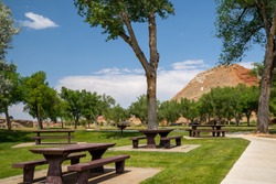 Picnic spot area inside of Hot Springs State Park in Thermopolis, Wyoming