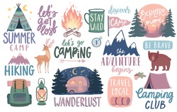 Camping, Hiking, Adventure letterings. Wild animals, fireplace, mountains, tents and other elements. Flat Vector illustration.