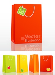 Colorful shopping bag on white background with stickers. Vector illustration.