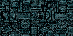 Surfing seamless pattern. Tribal elements for your design. Vector illustration