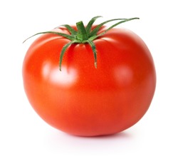 Fresh red tomato with green stem on white background