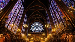  Sainte-Chapelle Chapel in Paris, France. Famous stained glass windows and ceiling.