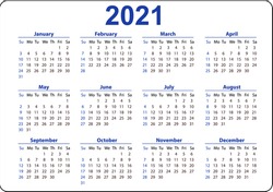 Horizontal blue pocket calendar on 2021 year. Week starts from Sunday. Vector template calendar for business on white background.