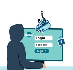 Hacker is sitting at computer, cracking the username and password. Credit card phishing with cyber thief. Phishing scam, hacker attack and online scam and steal. 