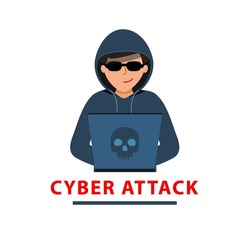 Cyber attack. man in a black hoodie is sitting at a laptop. cyber thief. Hacker is sitting at computer, cracking website or personal data. vector illustration isolated on white