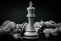 Black and White King and Knight of chess setup on dark background . Leader and teamwork concept for success. Chess concept save the king and save the strategy. 