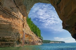 Landscape near sunset of Lover’s Leap Arch, Pictured Rocks National Lakeshore, Lake Superior, Michigan’s Upper Peninsula, USA
