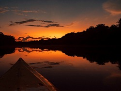Amazonia. Night view from boat of Amazon jungle over the Christina lagoon during the sunset time. Selva on the border of Brazil and  Peru.  Javari Valley, (Valle del Yavarí) South America