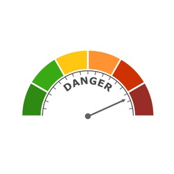 Color scale with arrow from red to green. The measuring device icon. Danger level indicator. Colorful infographic gauge element