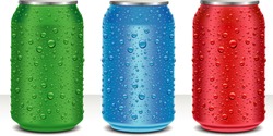 Aluminum Cans in red,green,blue with fresh water drops