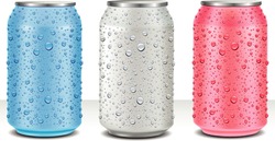 Aluminum Tin Cans in white, pink, light blue with fresh water drops