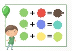 Worksheet. Learning mixing colors. Green. Vector. Printable a4 horizontal album page. Boy and balloon