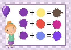 Worksheet. Learning mixing colors. Violet. Vector. Printable a4 horizontal album page. Girl and balloon.
