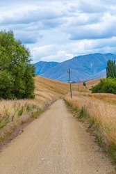 Landscape of Otago region viewed from Central Otago Railway bicycle trail in New Zealand