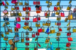 Love locks hanging on a lookout tower in friedrichshafen, germany.