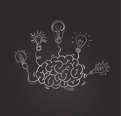 Vector hand drawn brain with different bulbs on blackboard. Idea concept. Sketchy style