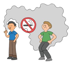 Cartoon man smokes in no smoking place and man behind is bothered by cigarette smoke, vector illustration. Colored and black outlines.