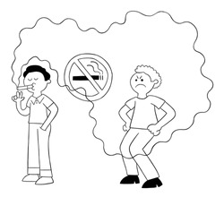 Cartoon man smokes in no smoking place and man behind is bothered by cigarette smoke, vector illustration. Black outlined and white colored.
