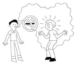 Cartoon man smoking in a place where smoking is prohibited and the other man getting angry, vector illustration. Black outlined and white colored.