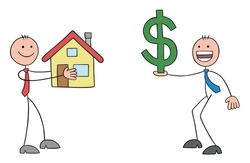 Stickman businessman is buying a house. The house is bought and money is given. Hand drawn outline cartoon vector illustration.