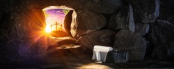 Empty Tomb With Linen Cloth At Sunrise With Sunlight Shining Through 
The Open Door And Three Crosses In The Distance 
- Crucifixion And Resurrection Concept	