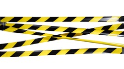 Do Not Cross criminal area from yellow and black warning police strip line isolated on white background. Caution lines. Danger and risk tape. Industrial protection sticky tape. Set small signs