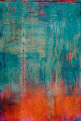 Rusty Colored Metal with cracked paint, grunge background, Blue and Orange