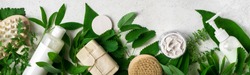 Natural cosmetics and green leaves on white stone background, banner. Natural organic skincare, bio research and healthy lifestyle concept.
