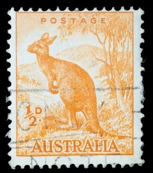 Circa 1937, vintage cancelled postage stamp from Australia featuring a kangaroo.