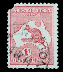 Circa 1947, vintage cancelled postage stamp from Australia featuring a kangaroo.