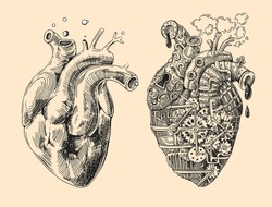 Illustration of 2 hearts mechanical and alive. Hand drawn vintage vector. Steampunk style. Us for print for t-shirt, smart phone, poster, web.Happy Valentine's Day card.