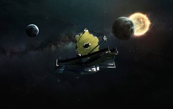 James Webb telescope explores deep space. JWST launch art. Elements of image provided by Nasa