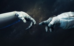 Hand of astronaut and robot. Science fiction wallpaper. Elements of this image furnished by NASA