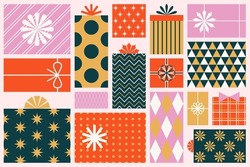 Gift giving season banner. Set of Christmas gifts in geometric wrapping paper. 
Vector top view illustration of Christmas presents for social media, blog articles on gift guide and giveaway themes.
